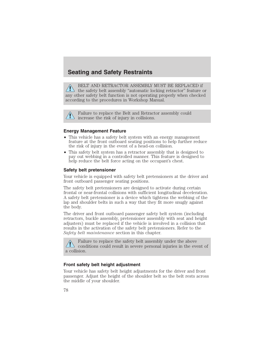 Seating and safety restraints | FORD 2003 Ranger User Manual | Page 78 / 256