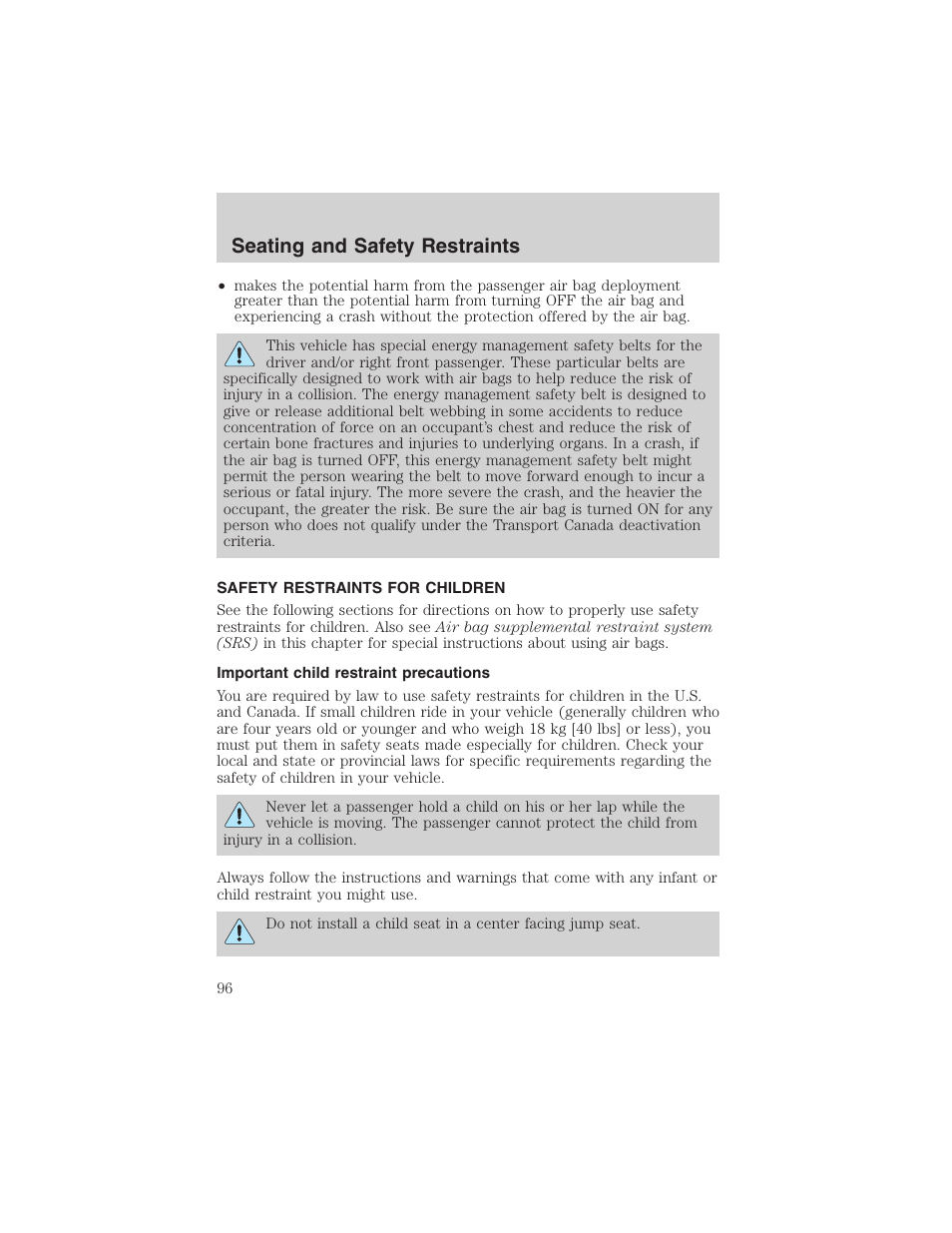 Seating and safety restraints | FORD 2003 Ranger User Manual | Page 96 / 256