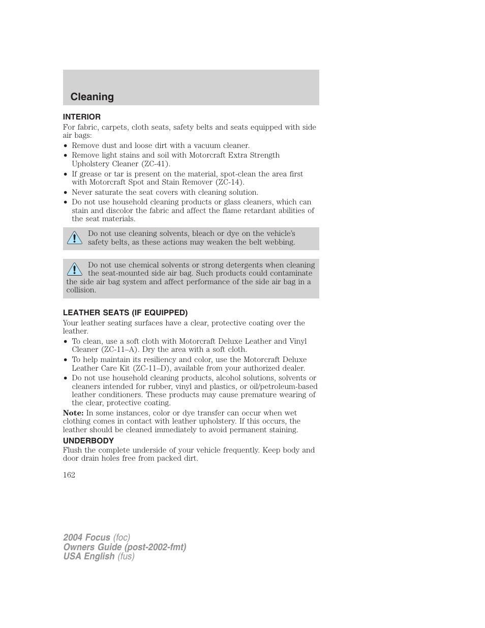 Cleaning | FORD Vehicle User Manual | Page 162 / 232
