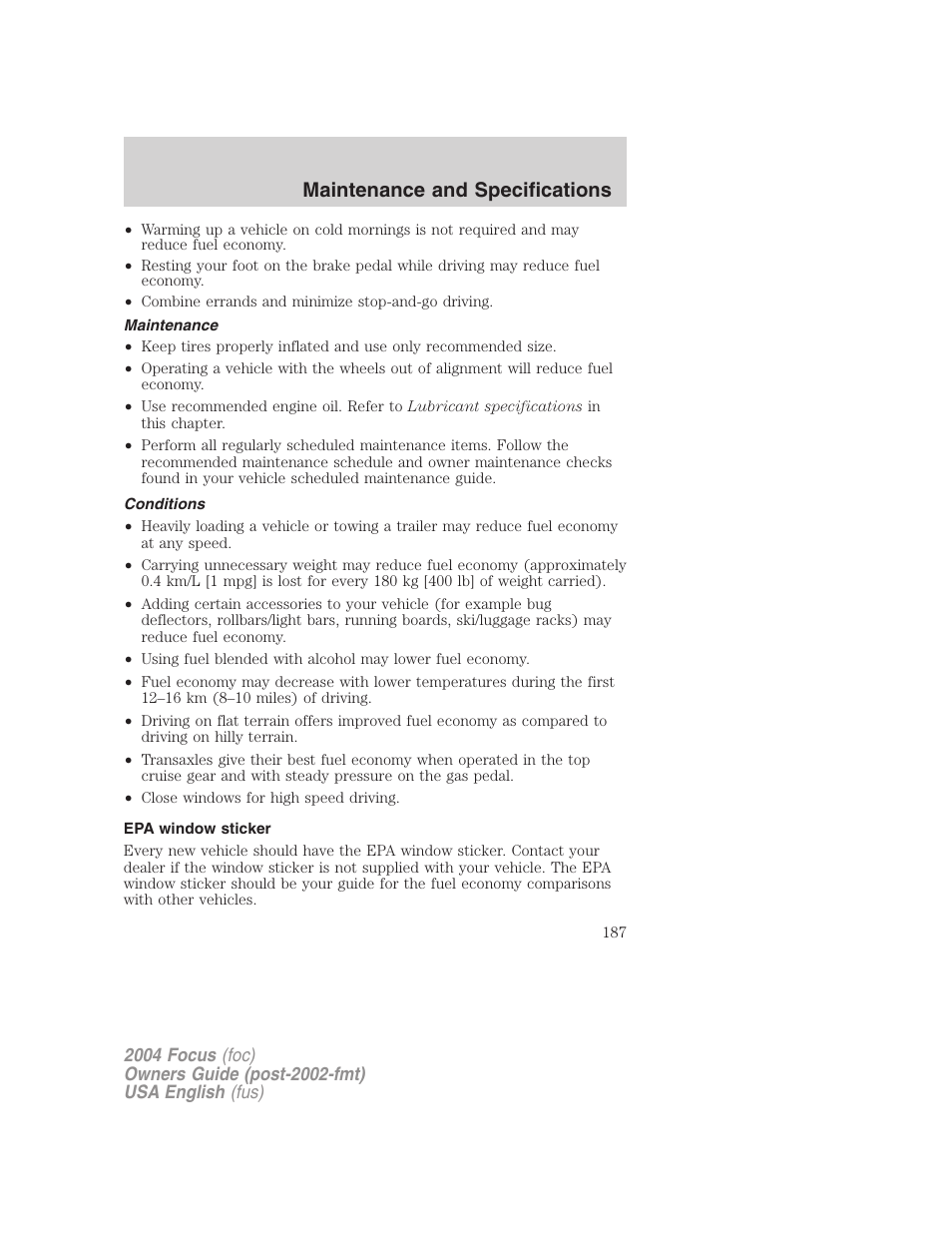 Maintenance and specifications | FORD Vehicle User Manual | Page 187 / 232