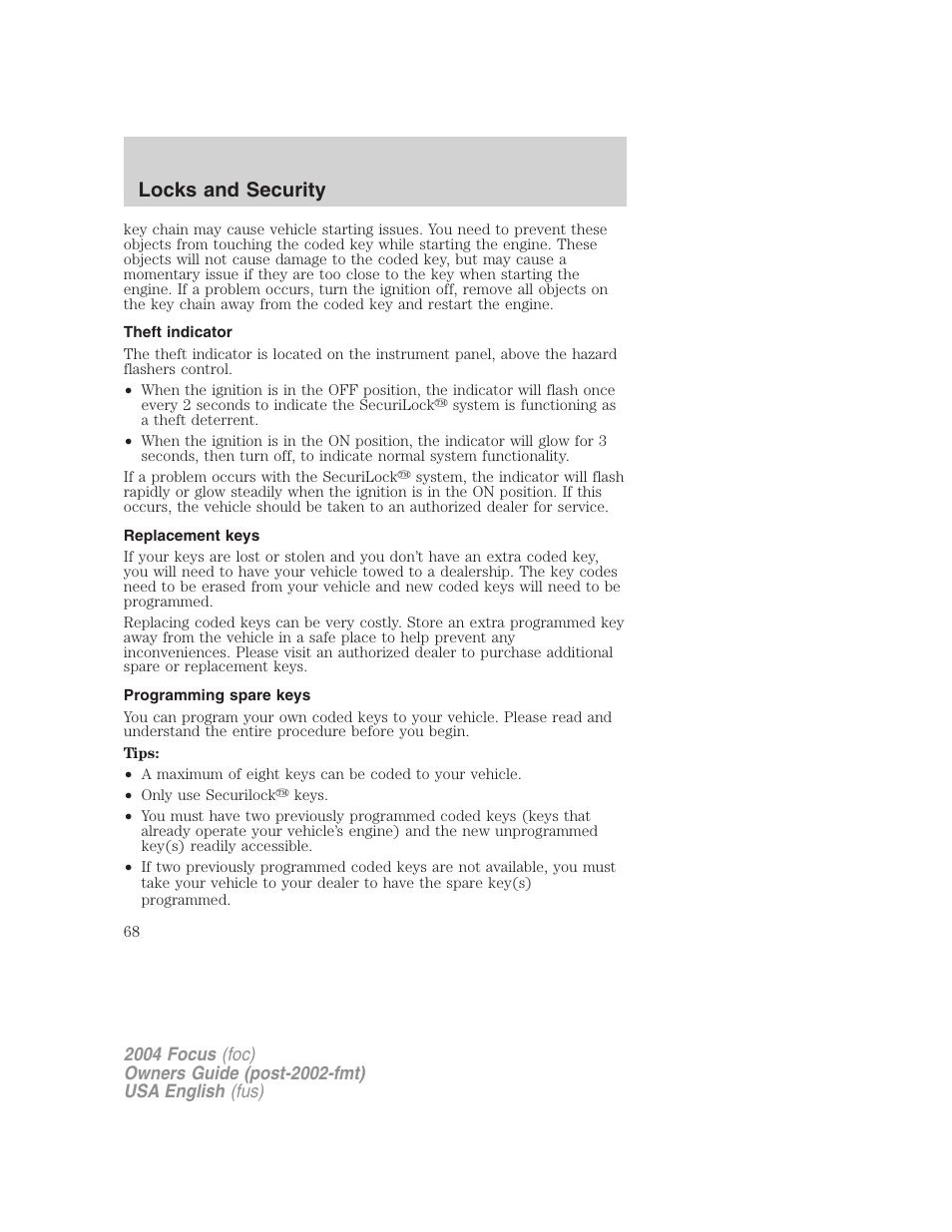 Locks and security | FORD Vehicle User Manual | Page 68 / 232
