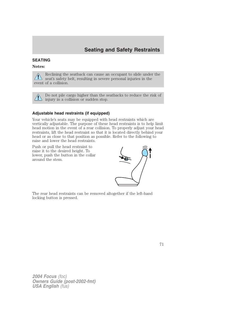 Seating and safety restraints | FORD Vehicle User Manual | Page 71 / 232