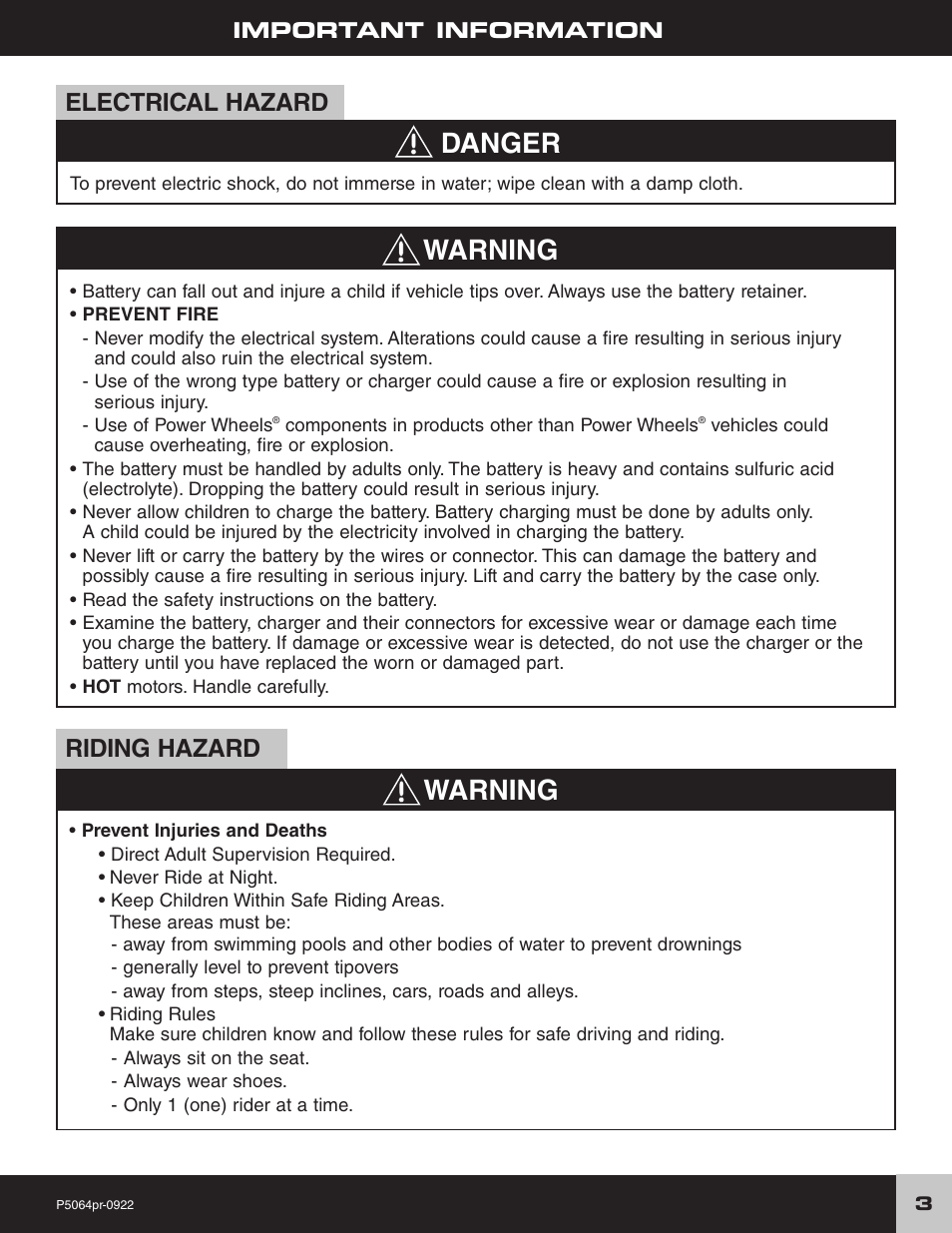 Warning, Warning danger, Electrical hazard | Riding hazard | FORD P5064 User Manual | Page 3 / 28