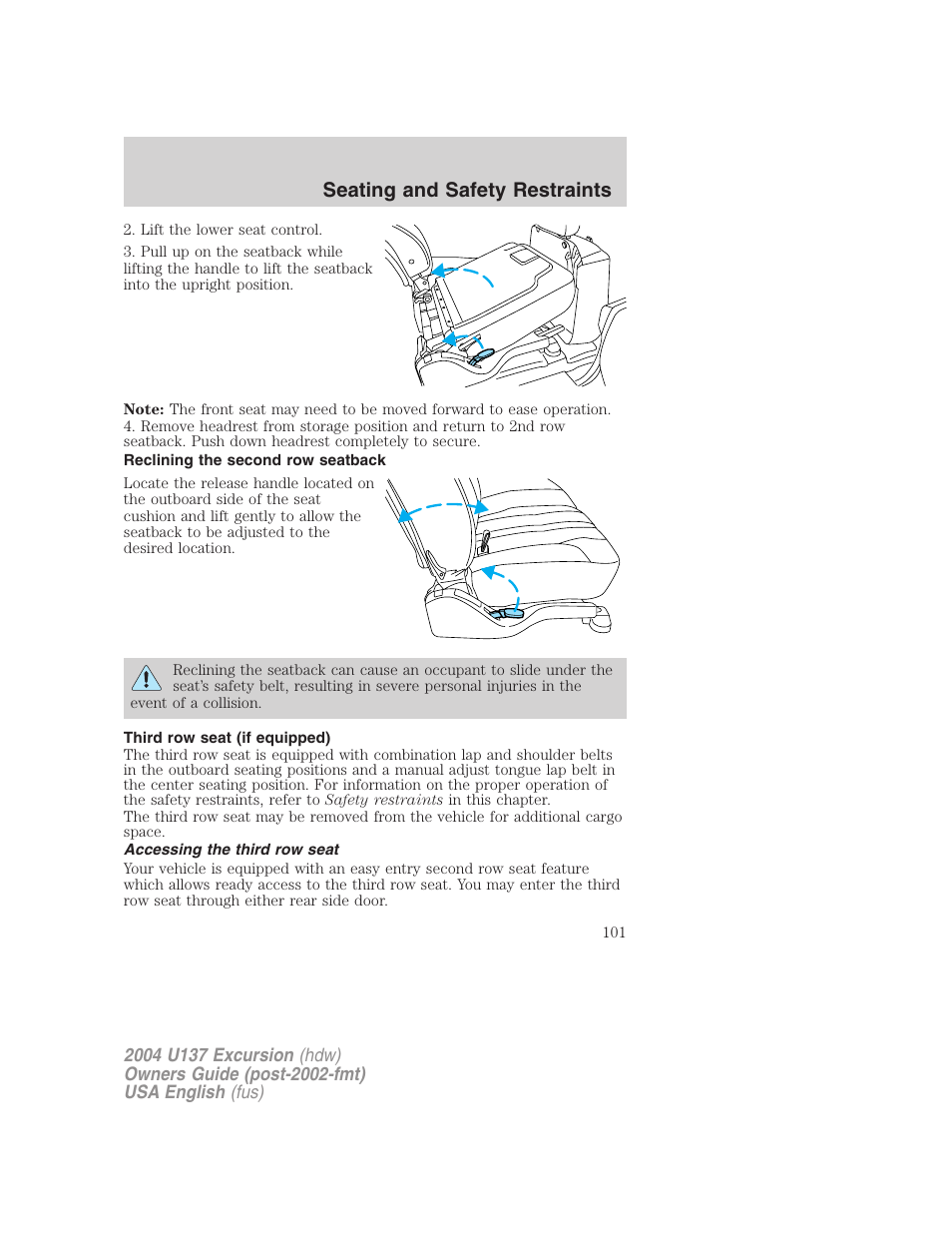 Seating and safety restraints | FORD 2004 Excursion User Manual | Page 101 / 264