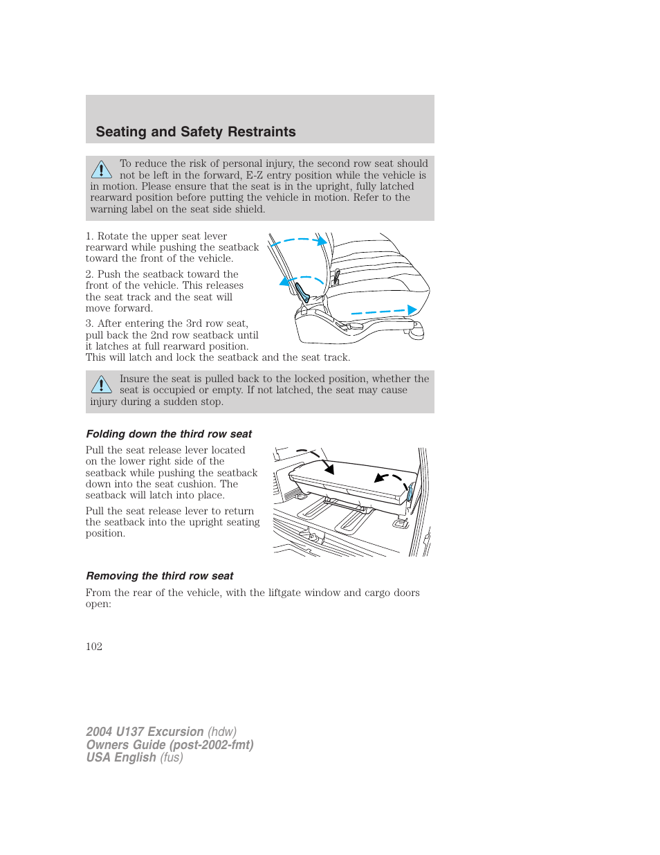 Seating and safety restraints | FORD 2004 Excursion User Manual | Page 102 / 264