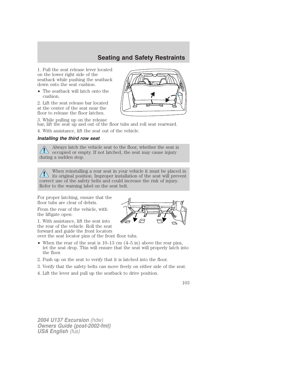 Seating and safety restraints | FORD 2004 Excursion User Manual | Page 103 / 264