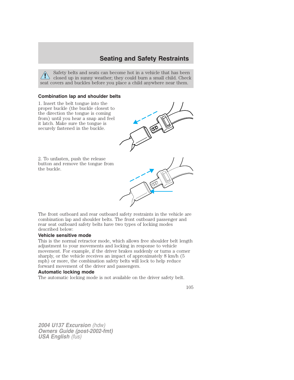 Seating and safety restraints | FORD 2004 Excursion User Manual | Page 105 / 264