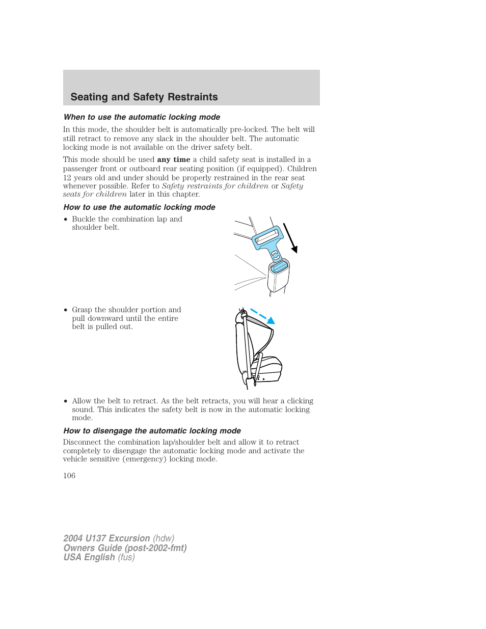 Seating and safety restraints | FORD 2004 Excursion User Manual | Page 106 / 264