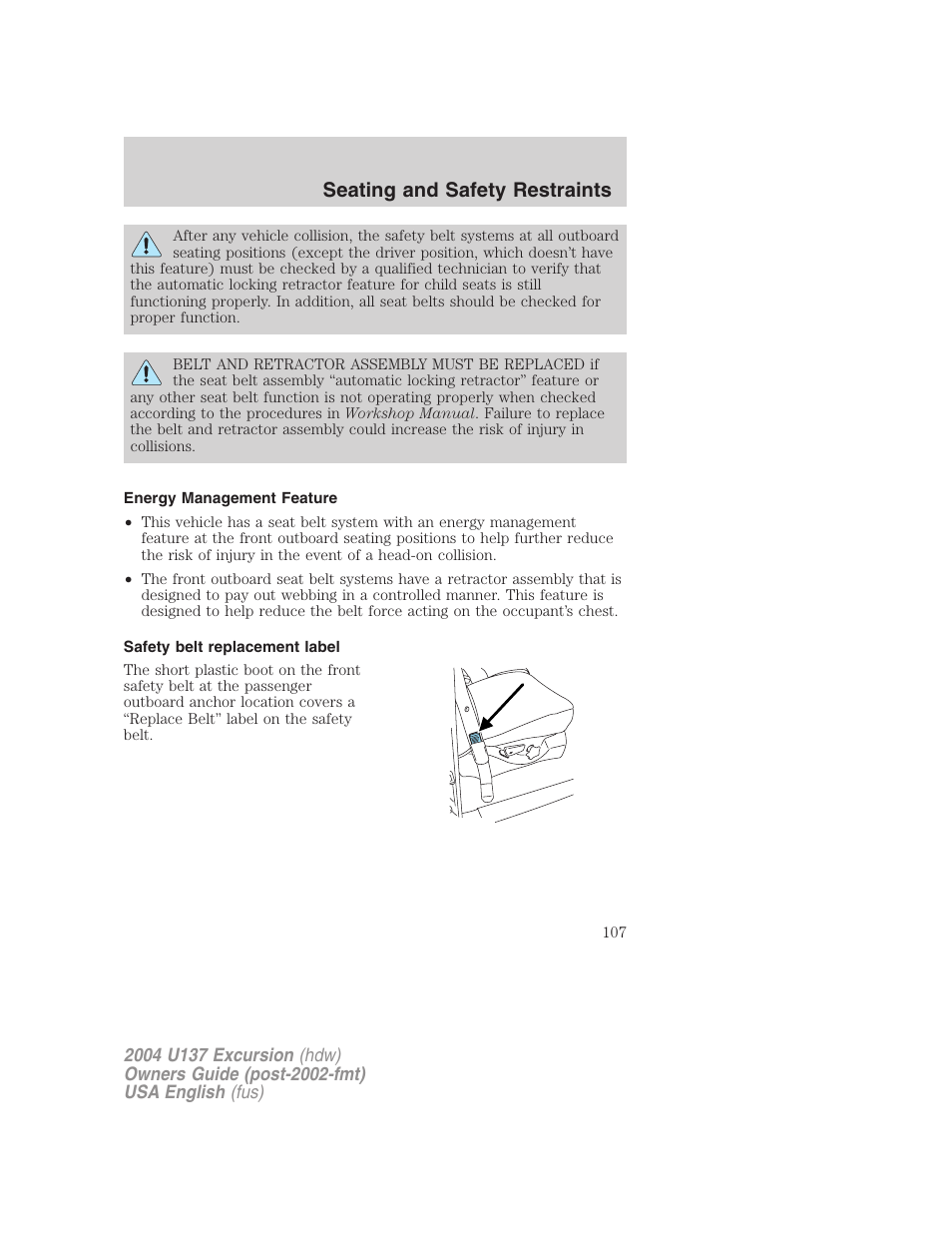 Seating and safety restraints | FORD 2004 Excursion User Manual | Page 107 / 264