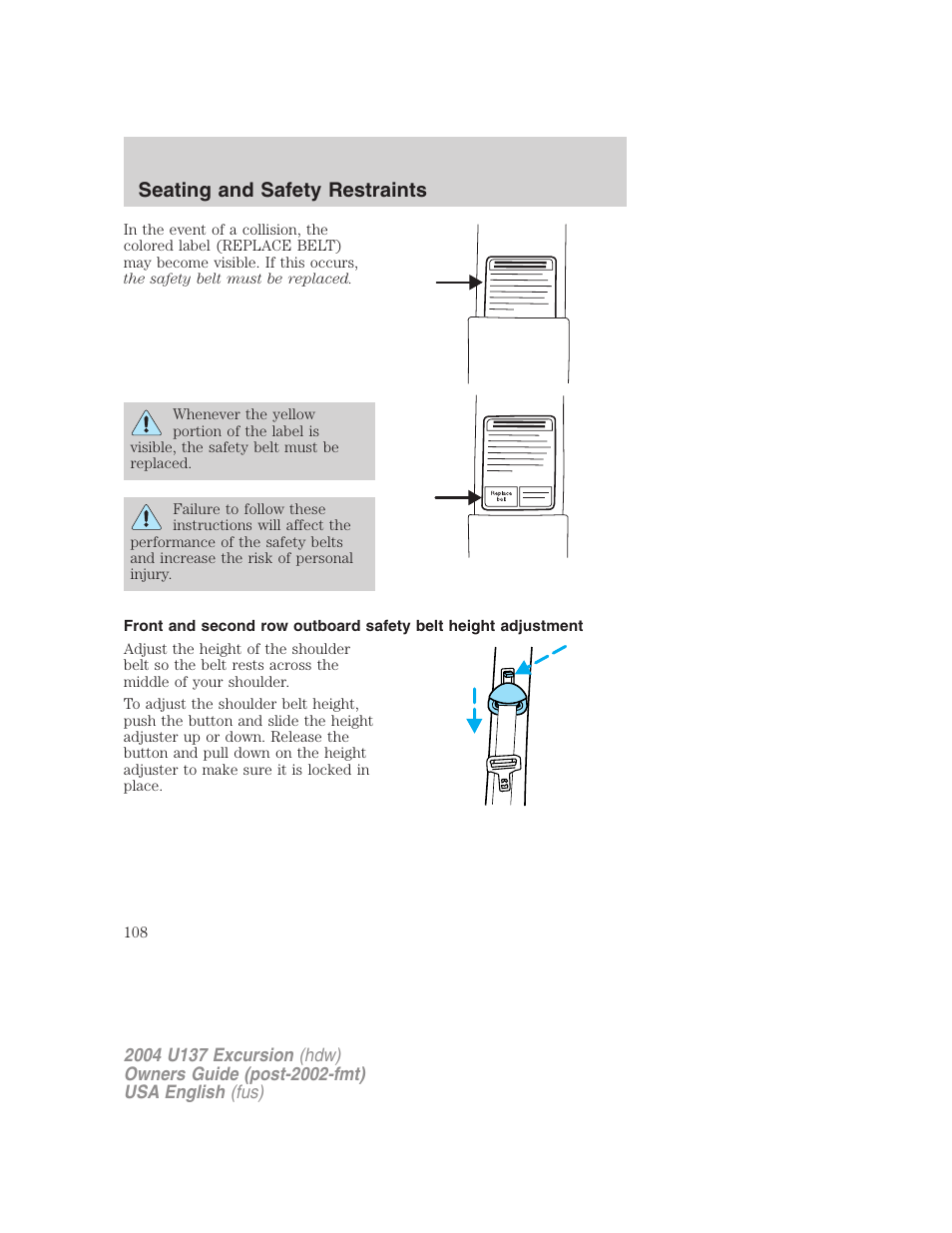 Seating and safety restraints | FORD 2004 Excursion User Manual | Page 108 / 264