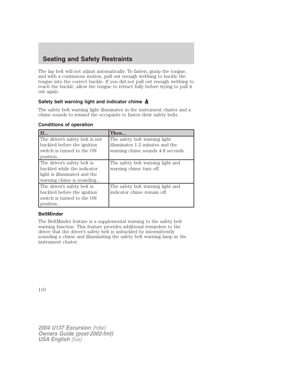 Seating and safety restraints | FORD 2004 Excursion User Manual | Page 110 / 264