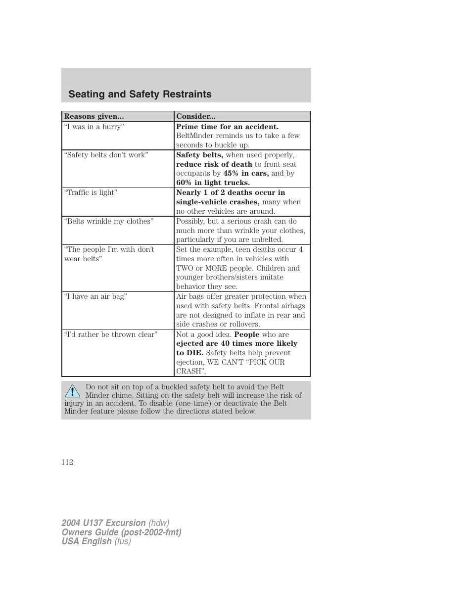 Seating and safety restraints | FORD 2004 Excursion User Manual | Page 112 / 264