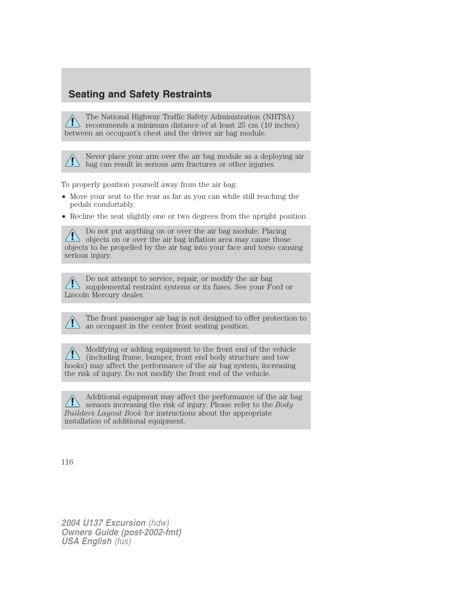Seating and safety restraints | FORD 2004 Excursion User Manual | Page 116 / 264