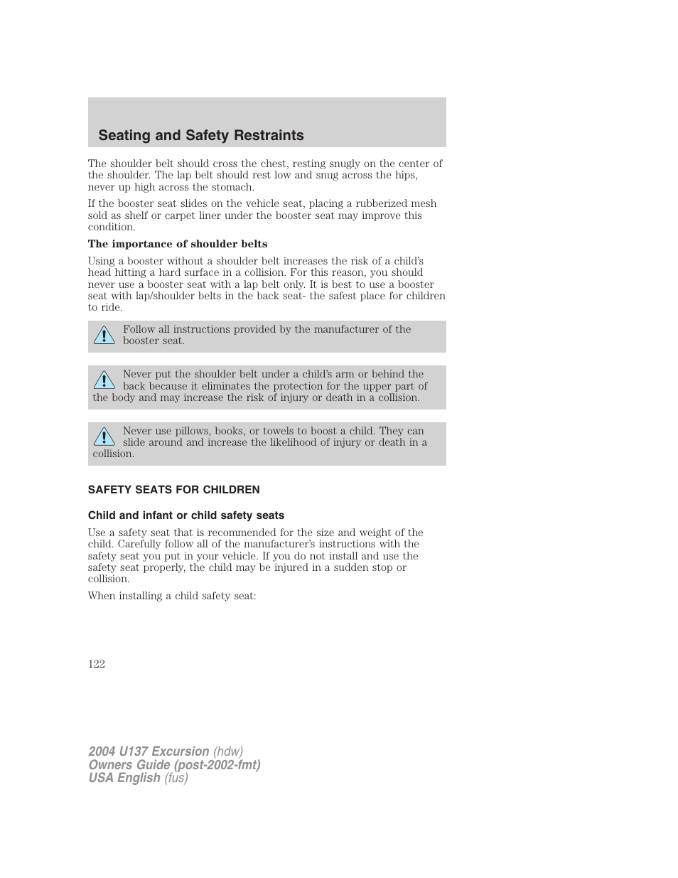 Seating and safety restraints | FORD 2004 Excursion User Manual | Page 122 / 264