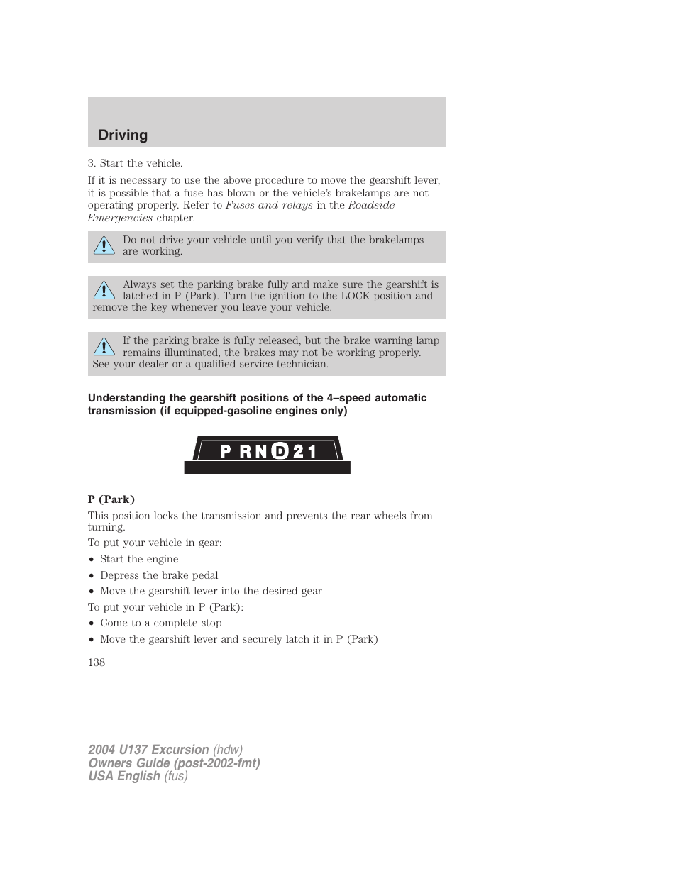 Driving | FORD 2004 Excursion User Manual | Page 138 / 264