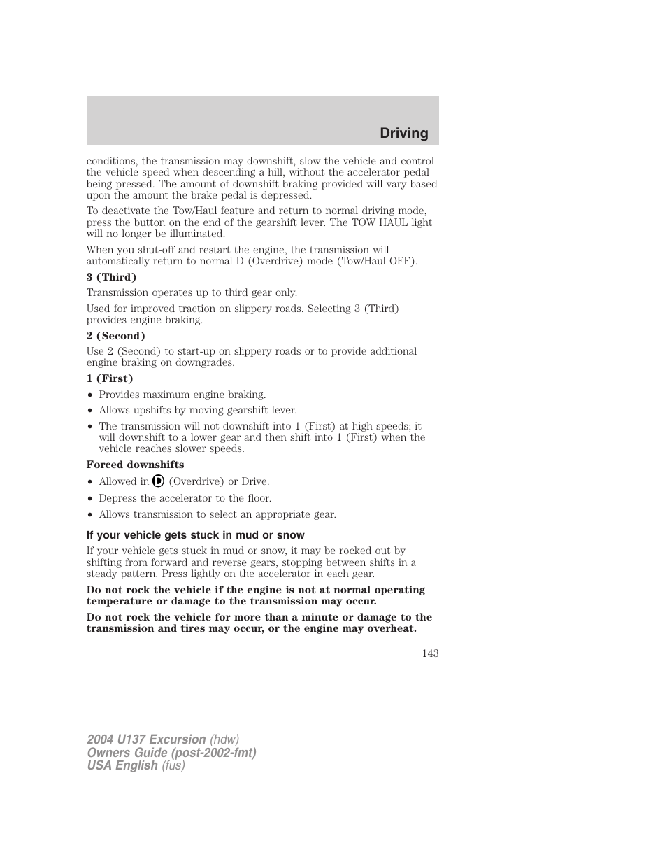 Driving | FORD 2004 Excursion User Manual | Page 143 / 264