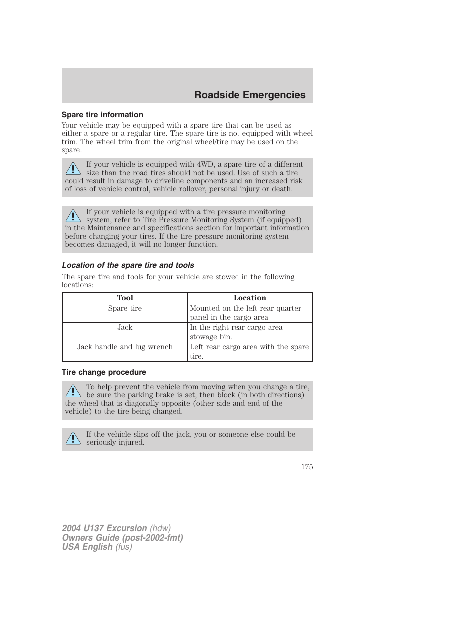 Roadside emergencies | FORD 2004 Excursion User Manual | Page 175 / 264