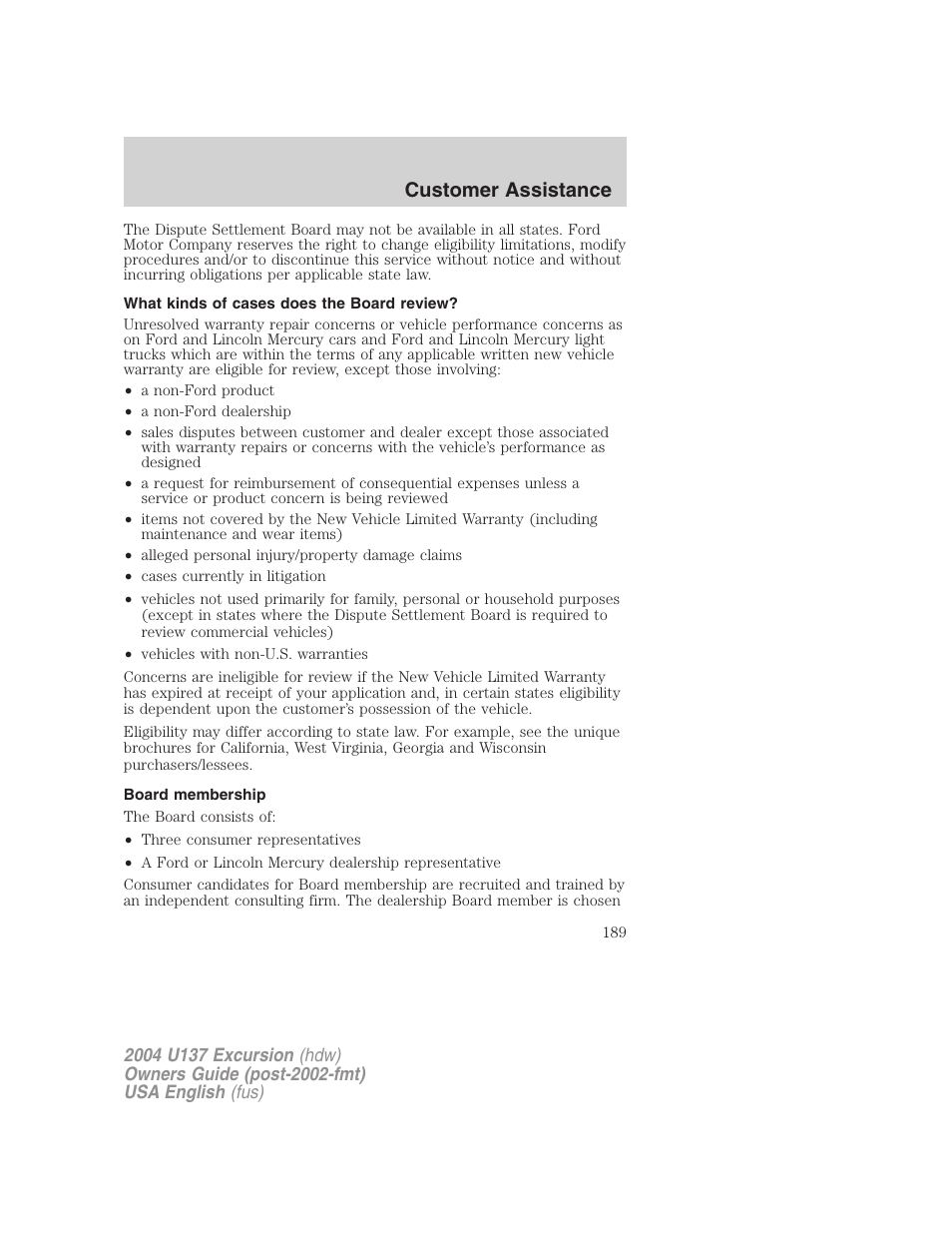 Customer assistance | FORD 2004 Excursion User Manual | Page 189 / 264