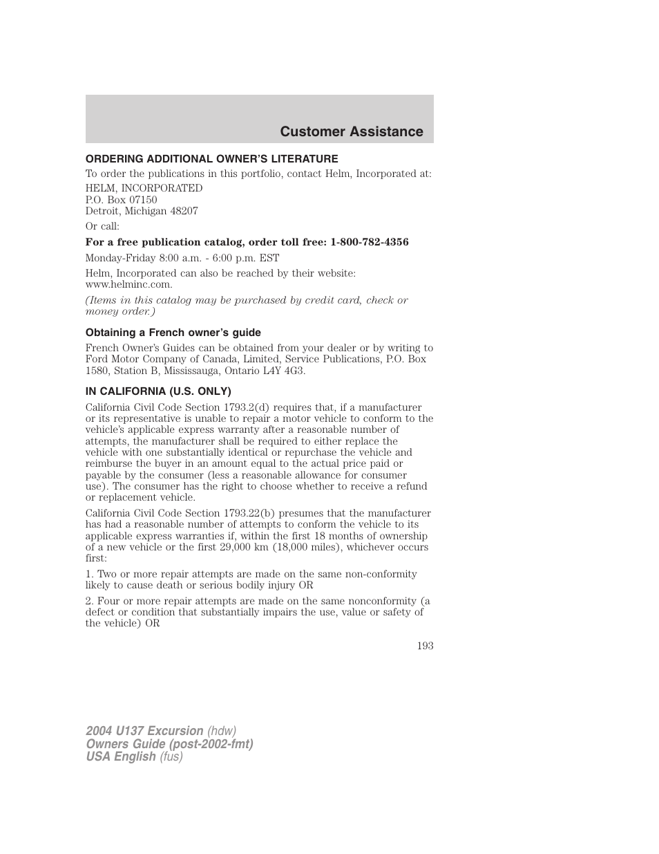 Customer assistance | FORD 2004 Excursion User Manual | Page 193 / 264