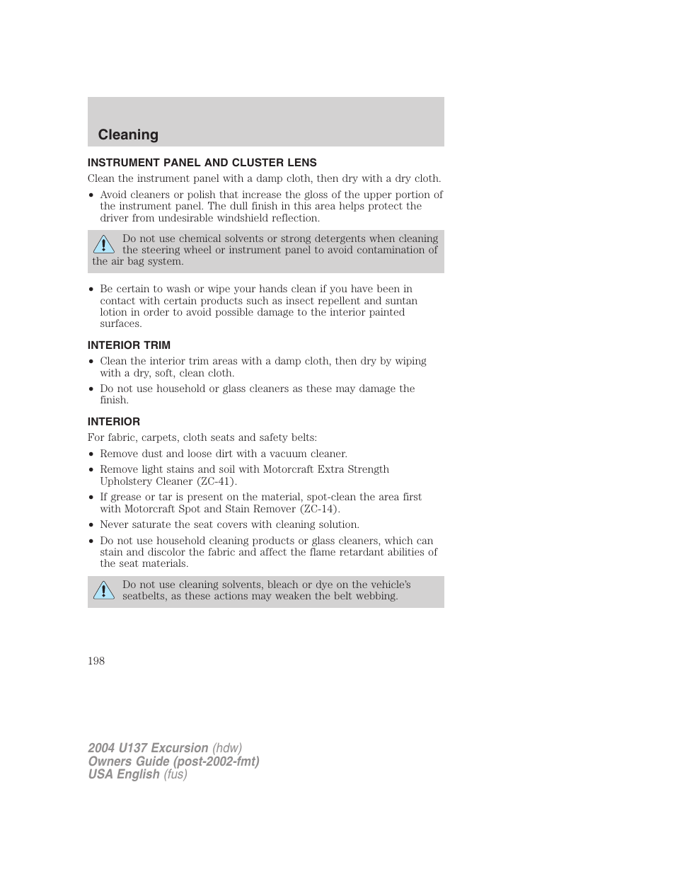 Cleaning | FORD 2004 Excursion User Manual | Page 198 / 264