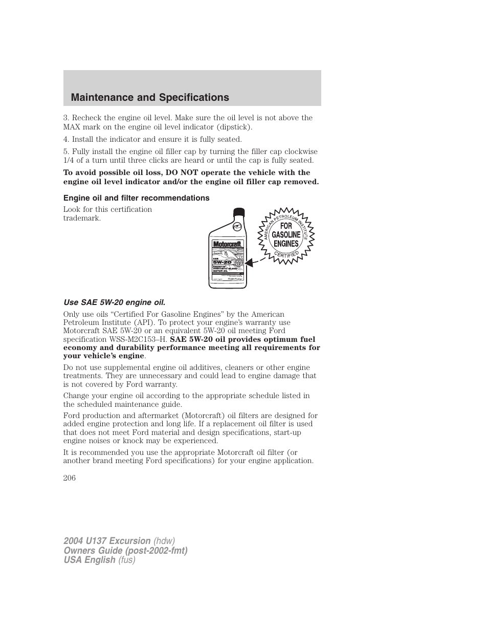 Maintenance and specifications | FORD 2004 Excursion User Manual | Page 206 / 264