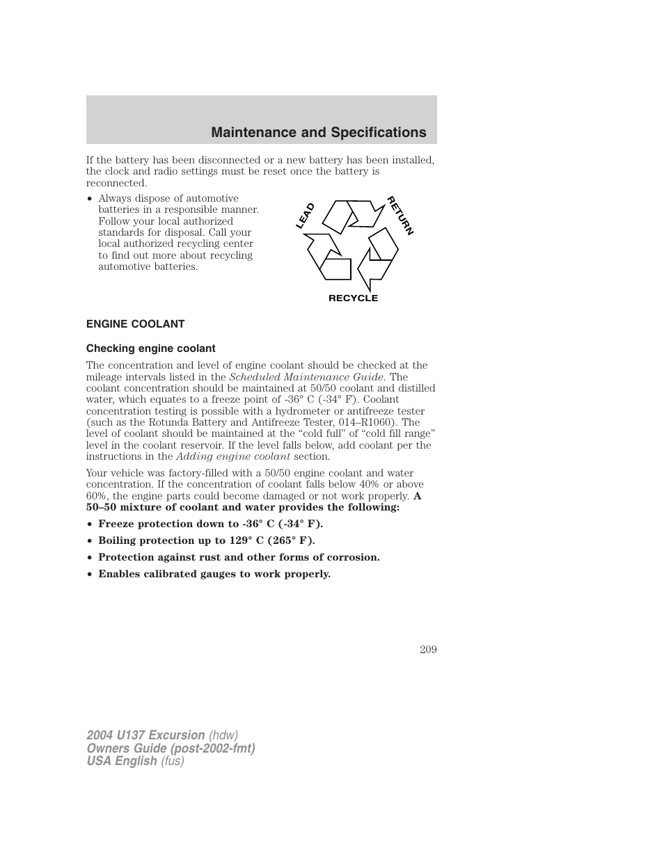 Maintenance and specifications | FORD 2004 Excursion User Manual | Page 209 / 264