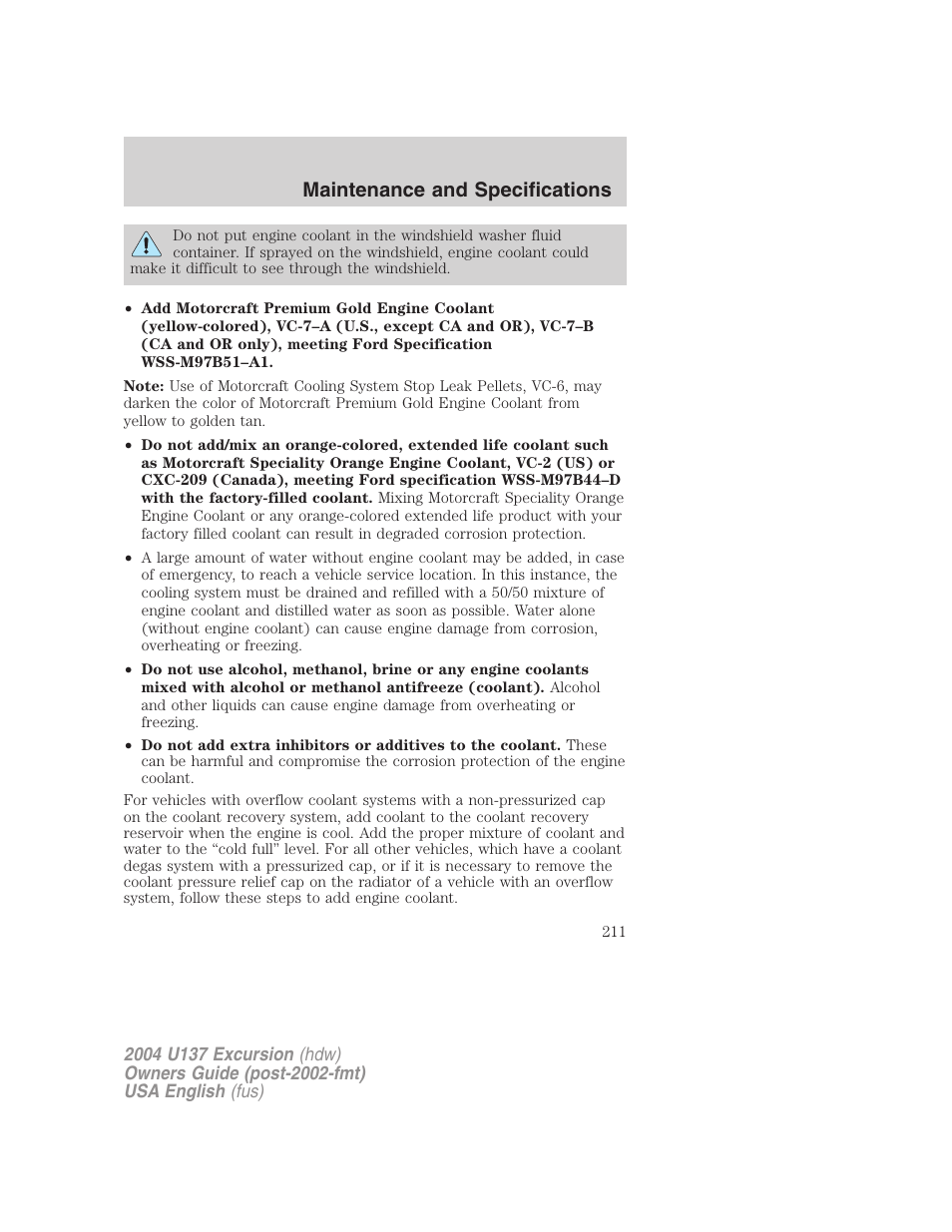 Maintenance and specifications | FORD 2004 Excursion User Manual | Page 211 / 264