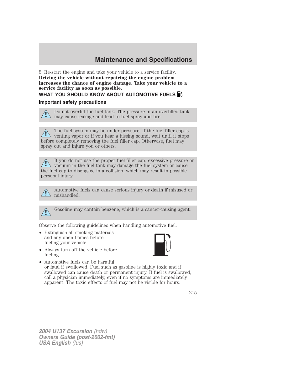 Maintenance and specifications | FORD 2004 Excursion User Manual | Page 215 / 264