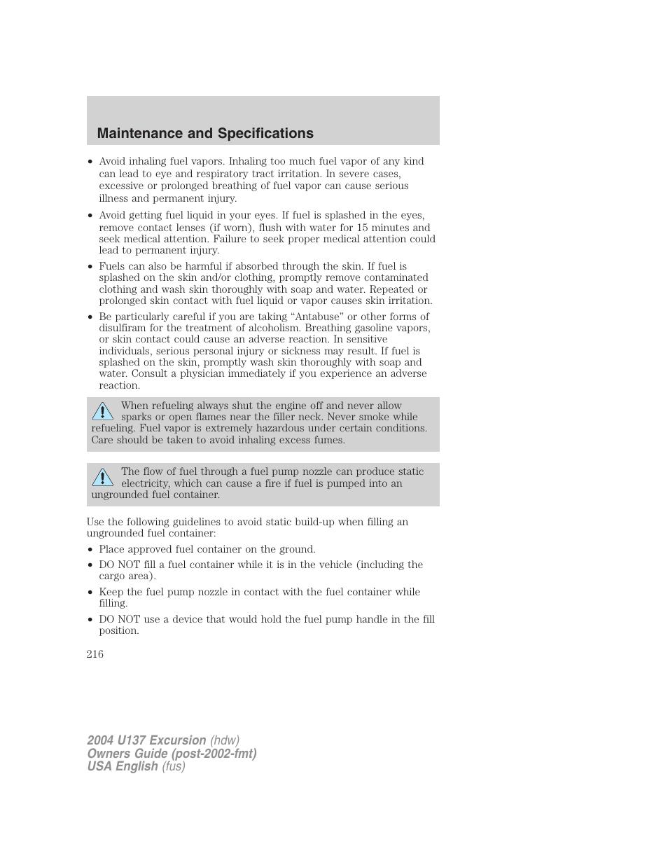 Maintenance and specifications | FORD 2004 Excursion User Manual | Page 216 / 264