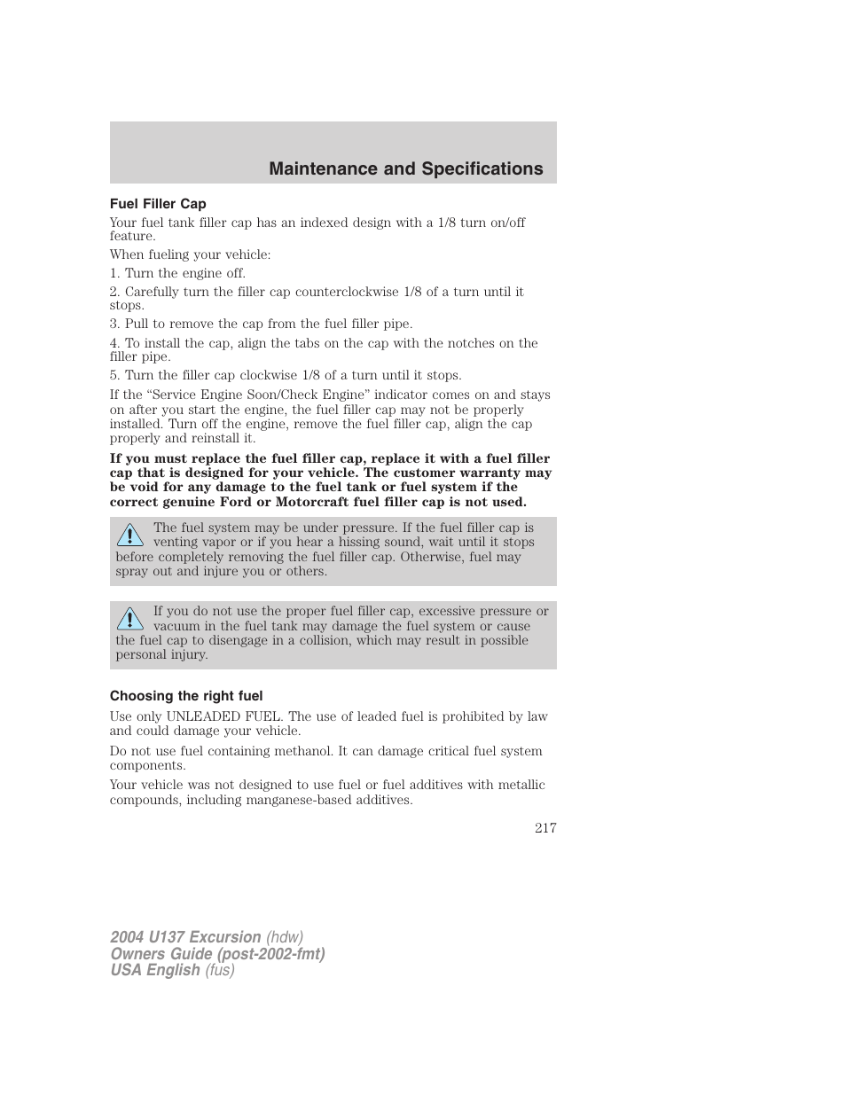 Maintenance and specifications | FORD 2004 Excursion User Manual | Page 217 / 264