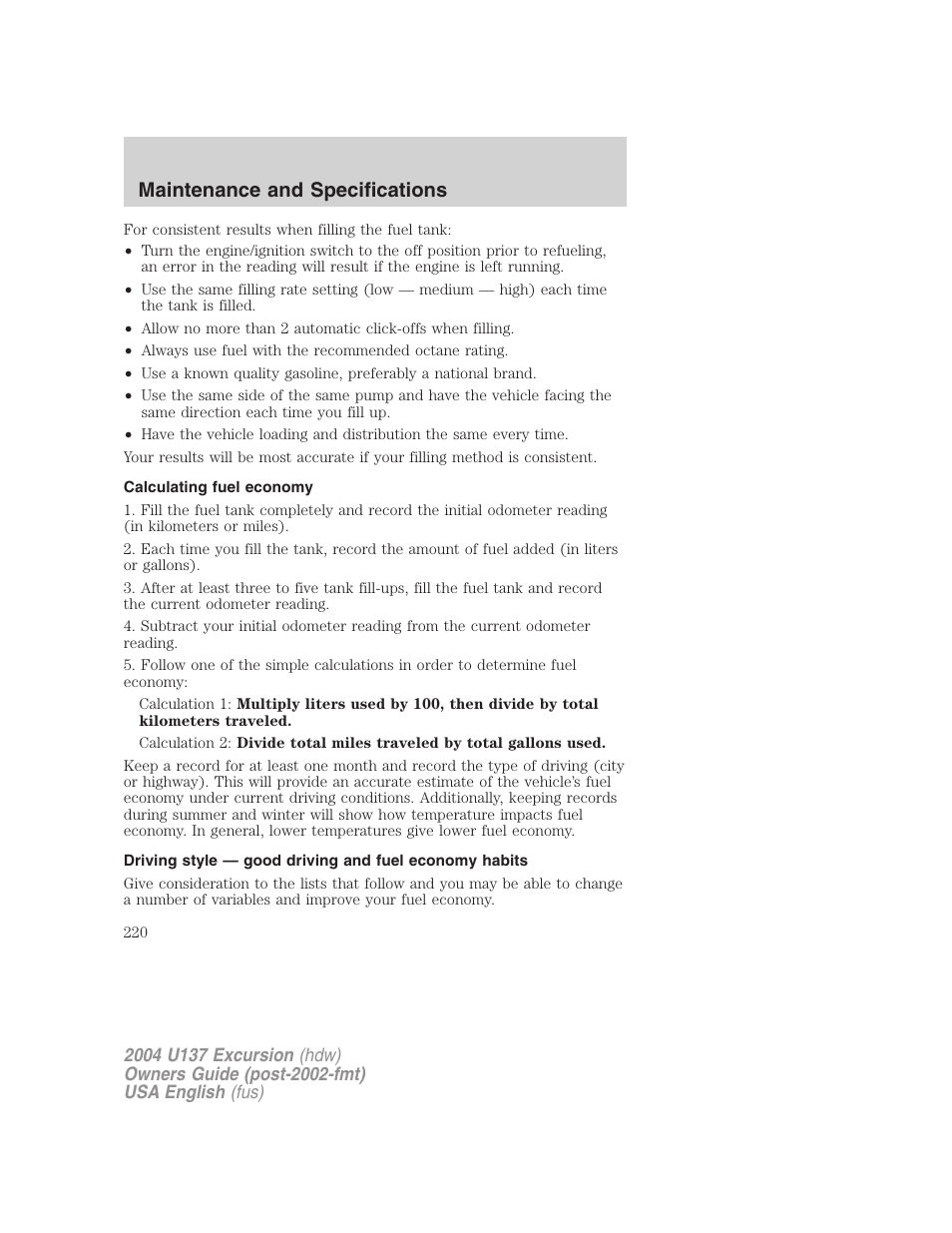 Maintenance and specifications | FORD 2004 Excursion User Manual | Page 220 / 264