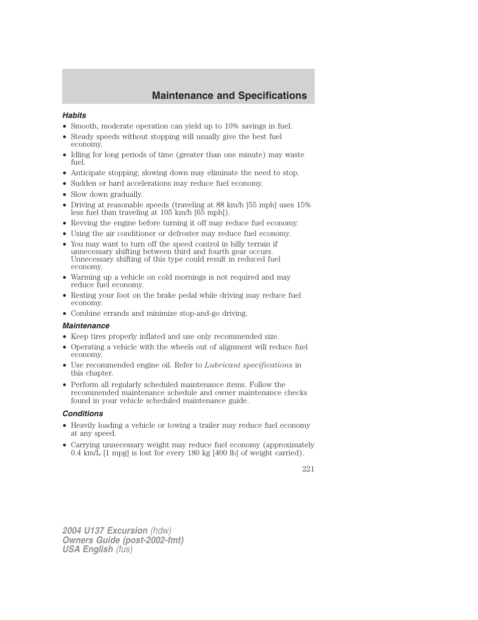 Maintenance and specifications | FORD 2004 Excursion User Manual | Page 221 / 264