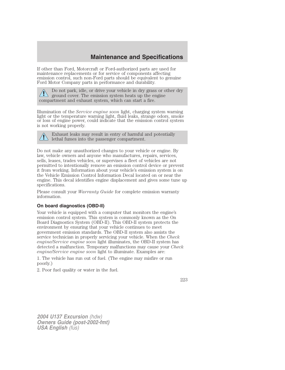 Maintenance and specifications | FORD 2004 Excursion User Manual | Page 223 / 264