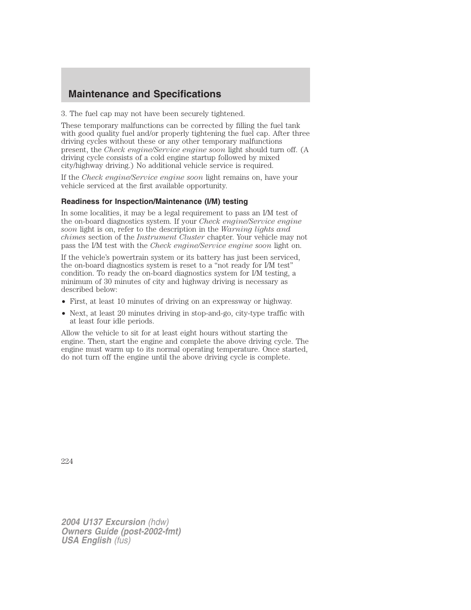 Maintenance and specifications | FORD 2004 Excursion User Manual | Page 224 / 264