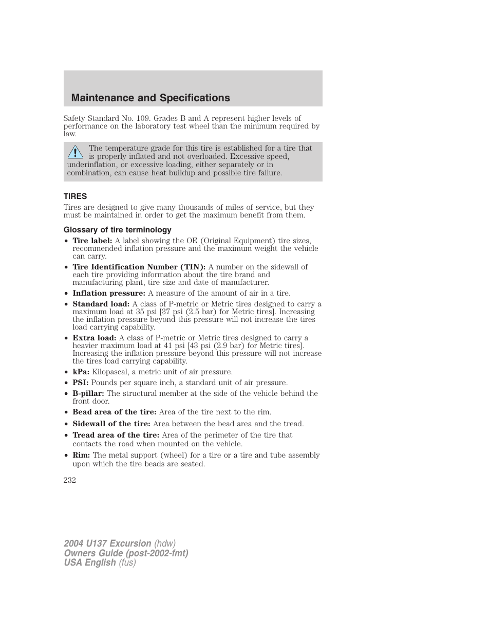 Maintenance and specifications | FORD 2004 Excursion User Manual | Page 232 / 264