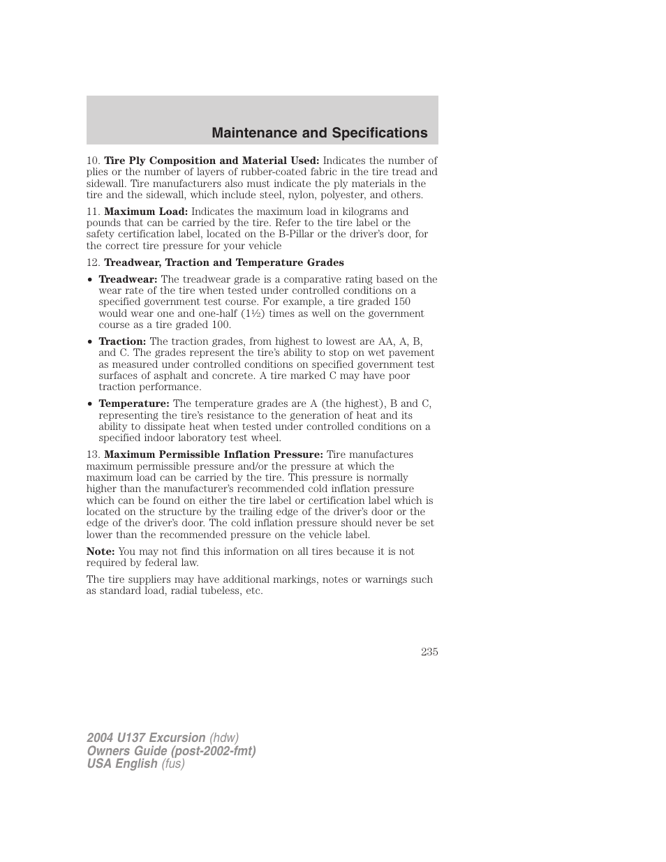 Maintenance and specifications | FORD 2004 Excursion User Manual | Page 235 / 264