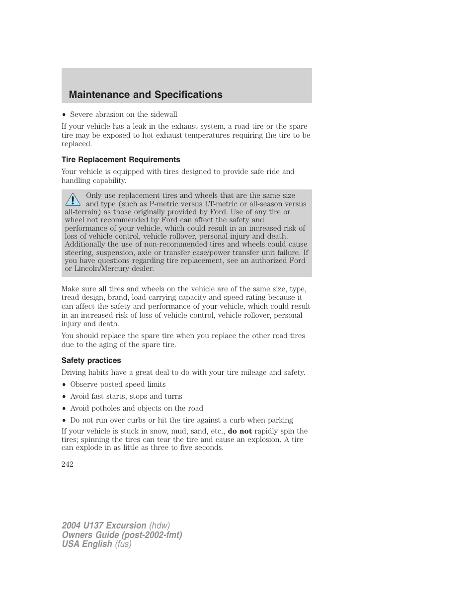 Maintenance and specifications | FORD 2004 Excursion User Manual | Page 242 / 264