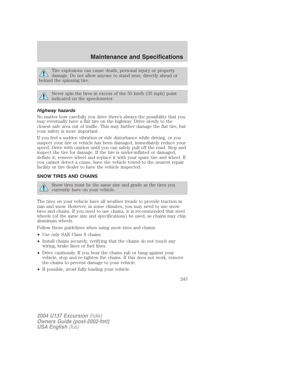 Maintenance and specifications | FORD 2004 Excursion User Manual | Page 243 / 264