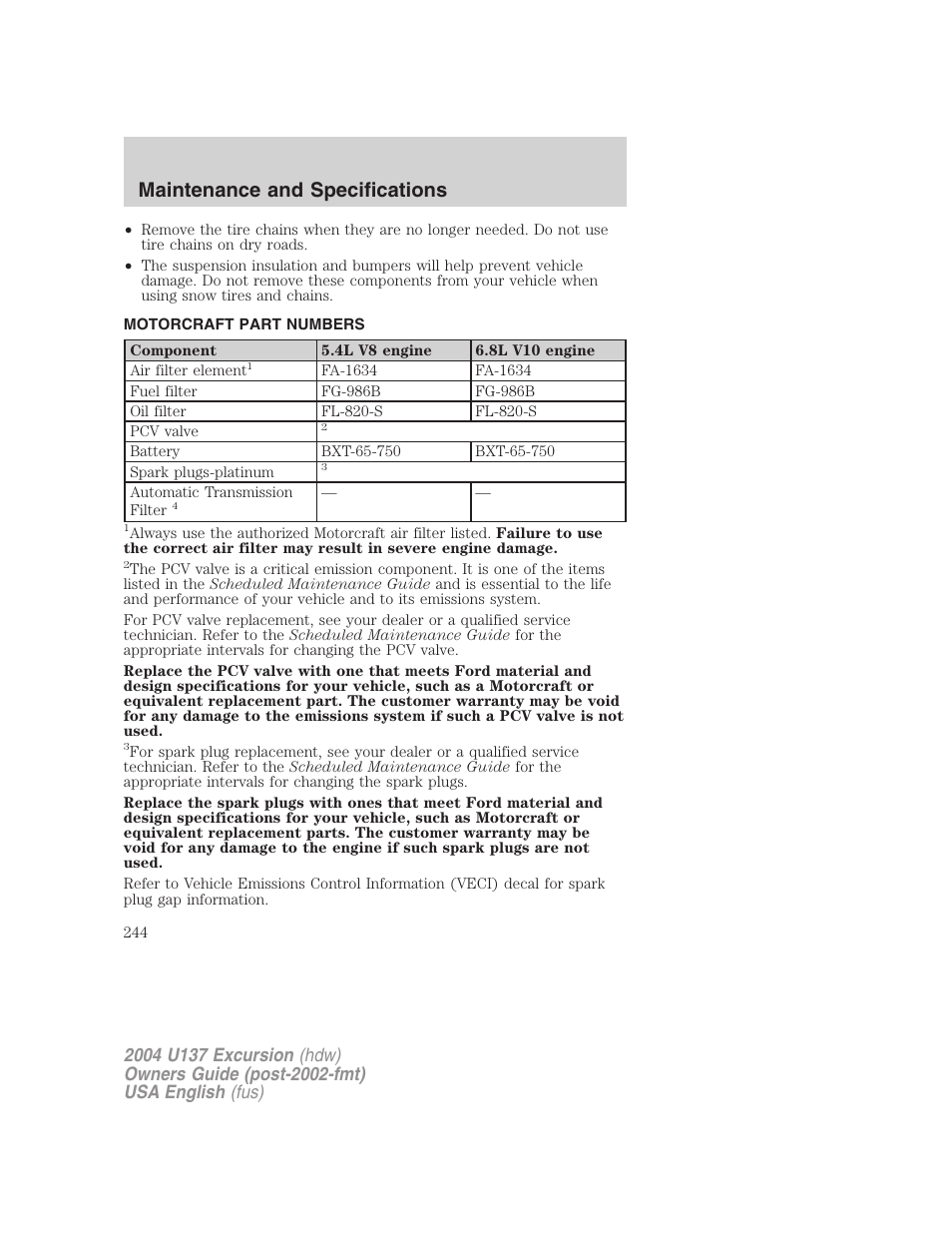 Maintenance and specifications | FORD 2004 Excursion User Manual | Page 244 / 264