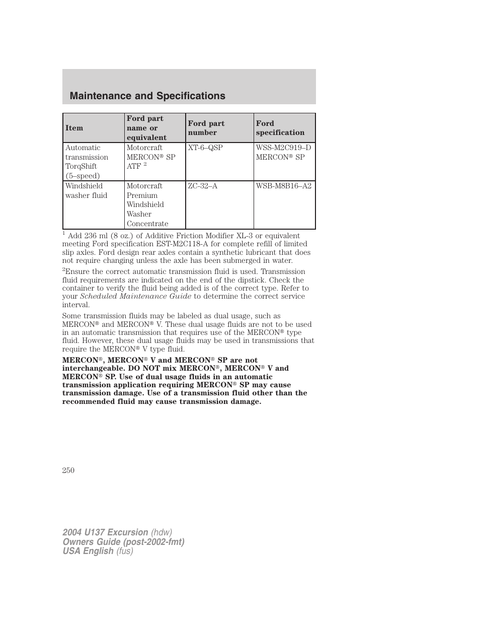 Maintenance and specifications | FORD 2004 Excursion User Manual | Page 250 / 264