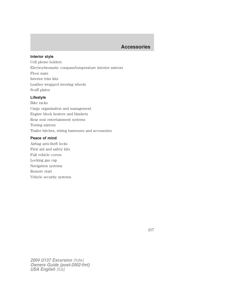 Accessories | FORD 2004 Excursion User Manual | Page 257 / 264