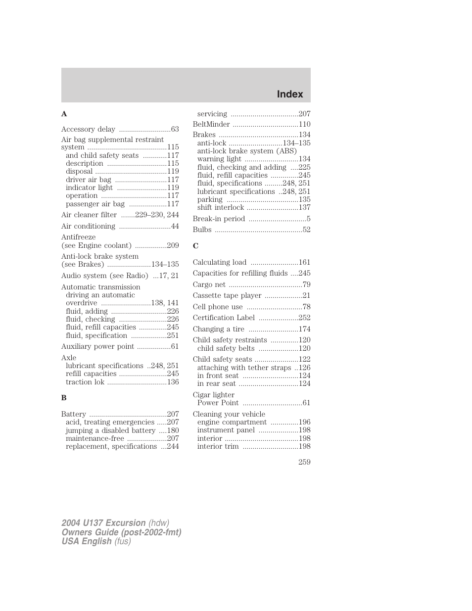 Index | FORD 2004 Excursion User Manual | Page 259 / 264