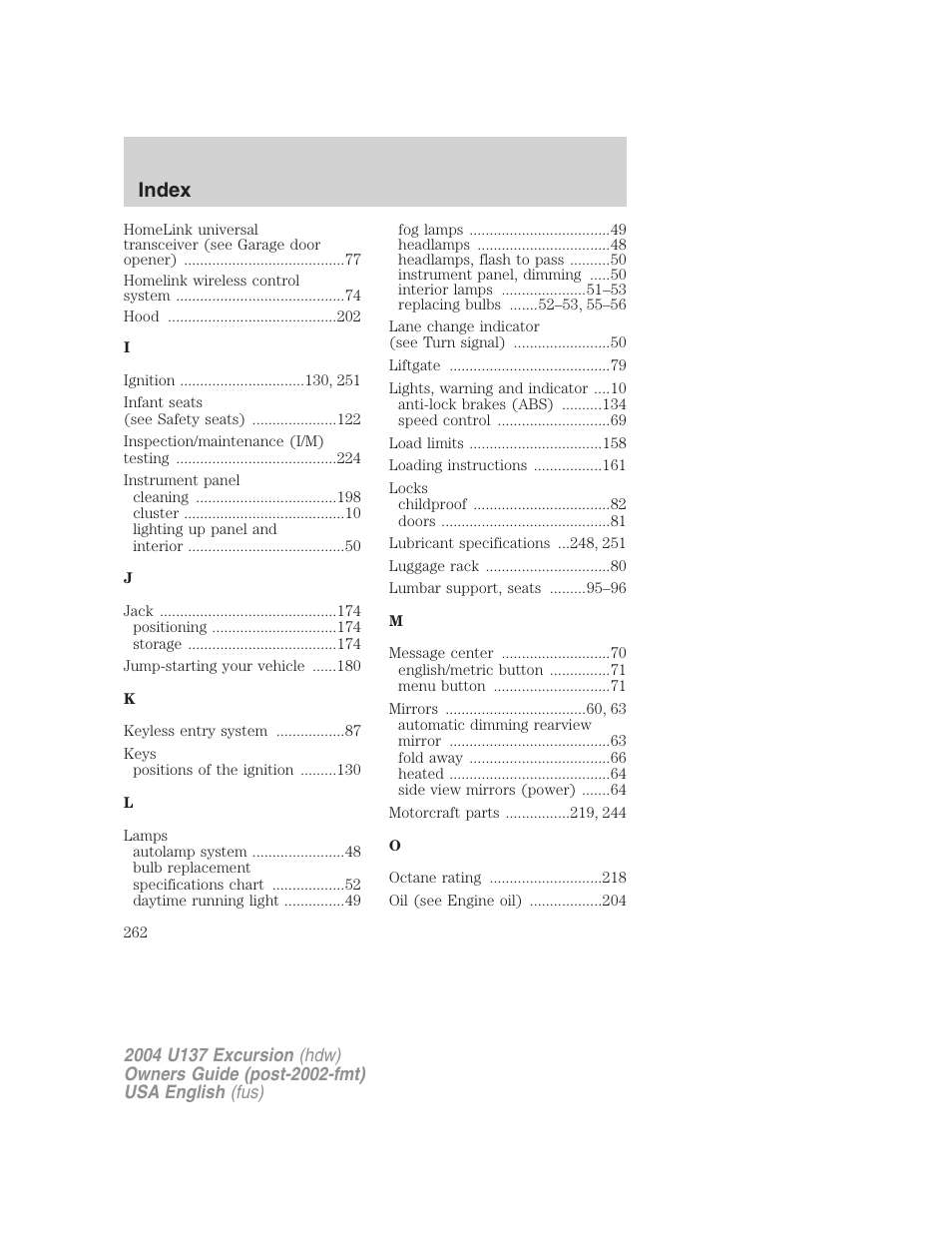 Index | FORD 2004 Excursion User Manual | Page 262 / 264