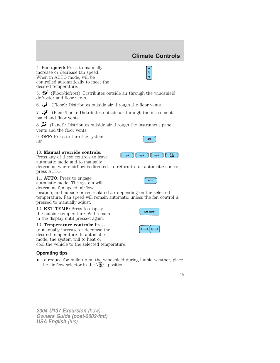 Climate controls | FORD 2004 Excursion User Manual | Page 45 / 264