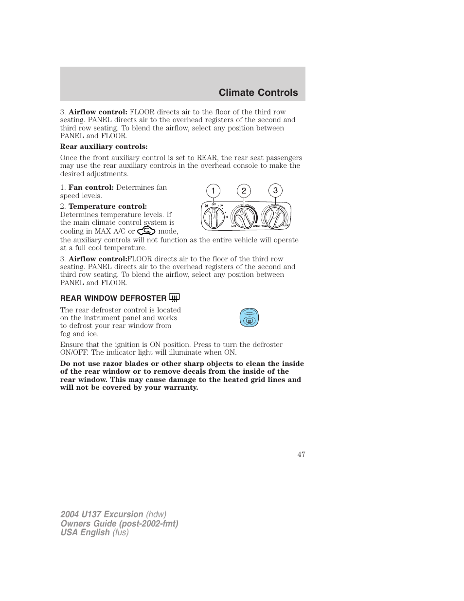 Climate controls | FORD 2004 Excursion User Manual | Page 47 / 264