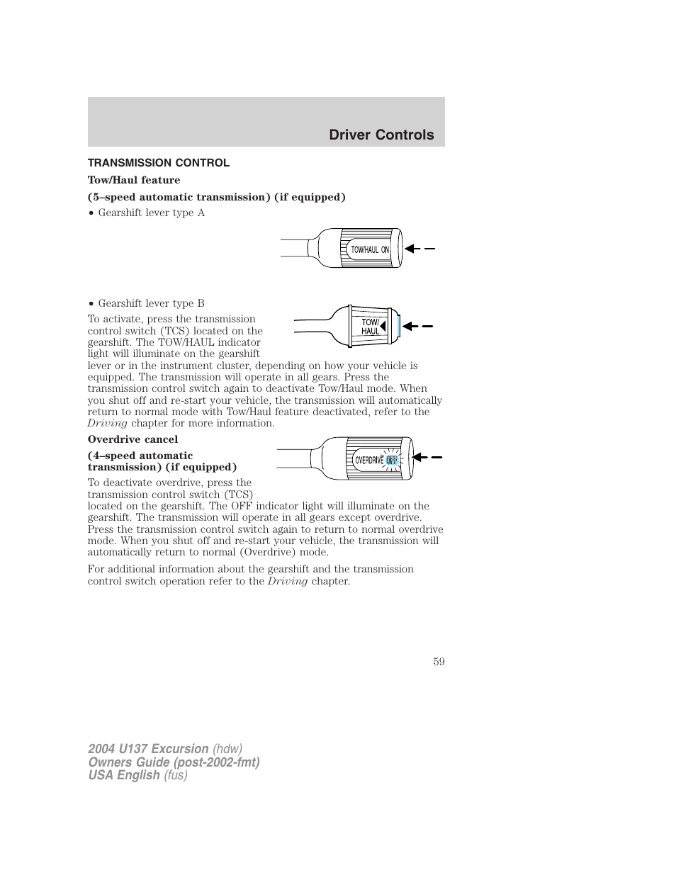Driver controls | FORD 2004 Excursion User Manual | Page 59 / 264
