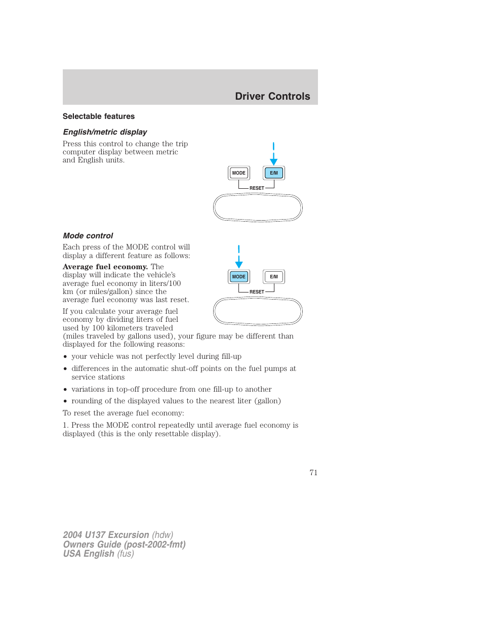 Driver controls | FORD 2004 Excursion User Manual | Page 71 / 264