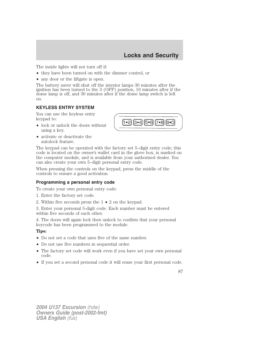 Locks and security | FORD 2004 Excursion User Manual | Page 87 / 264