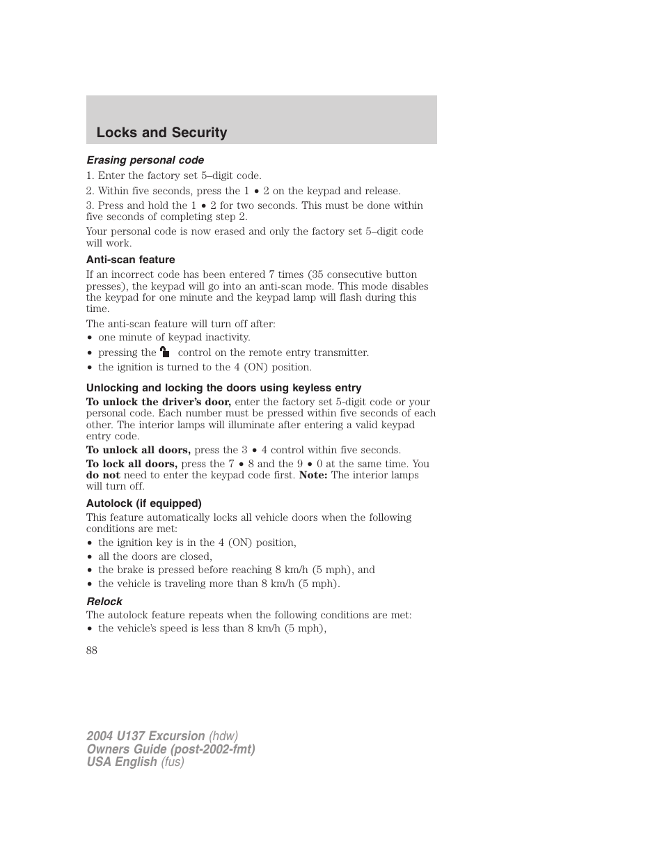 Locks and security | FORD 2004 Excursion User Manual | Page 88 / 264