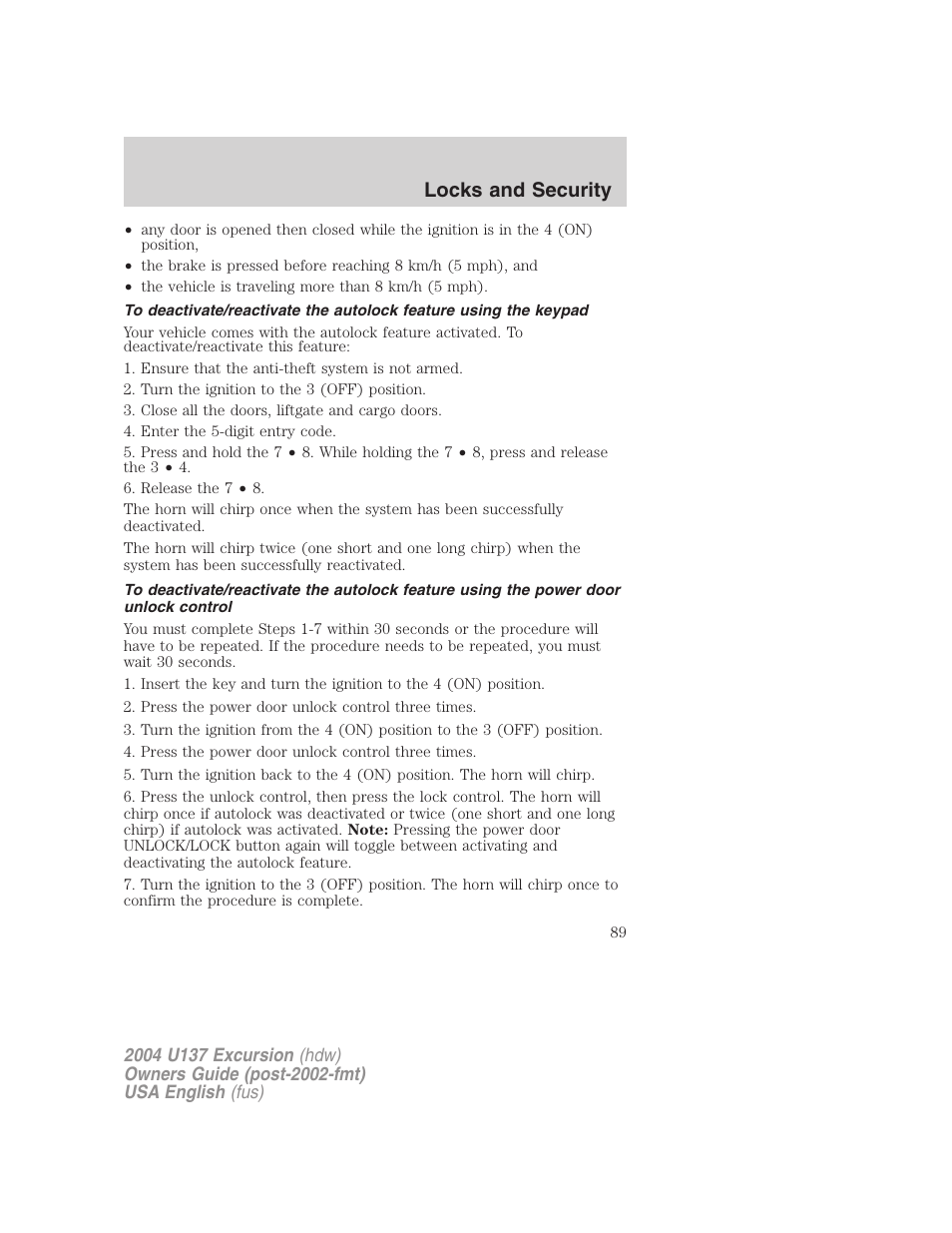 Locks and security | FORD 2004 Excursion User Manual | Page 89 / 264